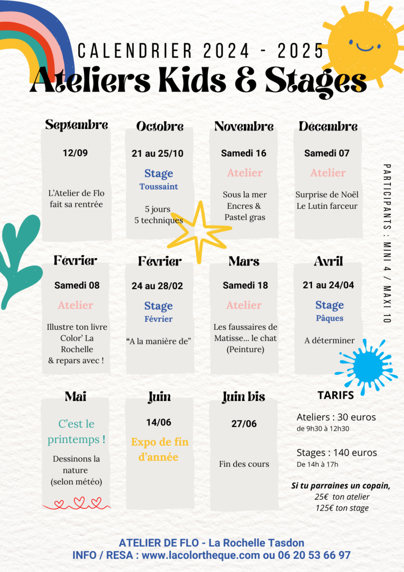 Calendrier 2024 2025 stages et ateliers kids